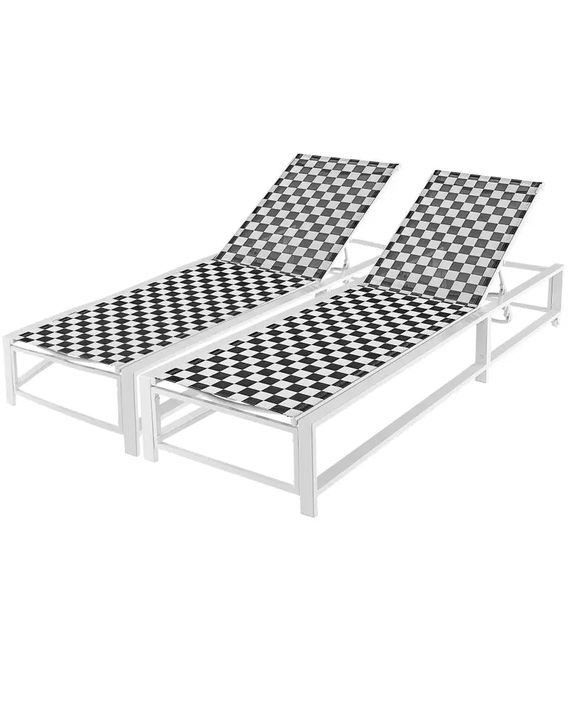 Outdoor Adjustable Patio Chaise Lounge Chair with Wheels and Sturdy Metal Frame - Black & White - Outdoor Chaise Lounges