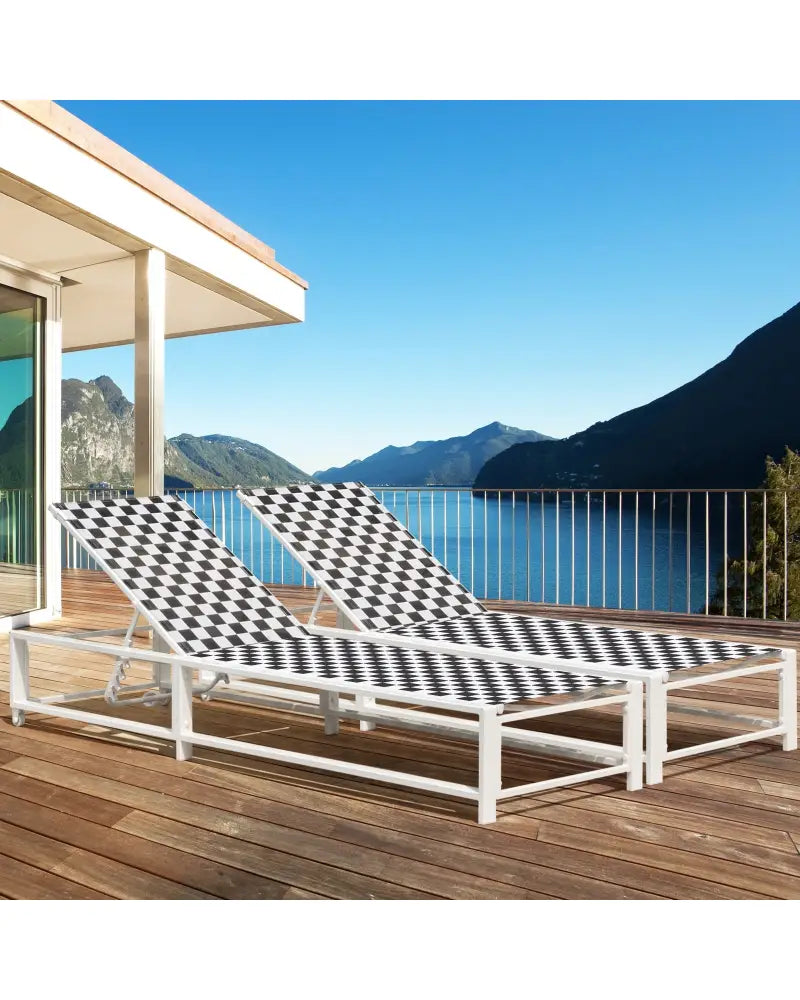 Outdoor Adjustable Patio Chaise Lounge Chair with Wheels and Sturdy Metal Frame - Black & White - Outdoor Chaise Lounges