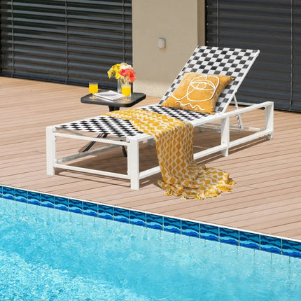 Outdoor Adjustable Patio Chaise Lounge Chair with Wheels and Sturdy Metal Frame - Black & White - Outdoor Chaise Lounges