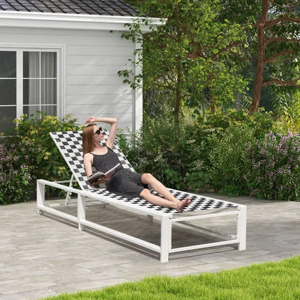 Outdoor Adjustable Patio Chaise Lounge Chair with Wheels and Sturdy Metal Frame - Black & White - Outdoor Chaise Lounges