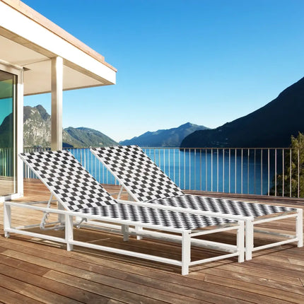 Outdoor Adjustable Patio Chaise Lounge Chair with Wheels and Sturdy Metal Frame - Black & White - Outdoor Chaise Lounges