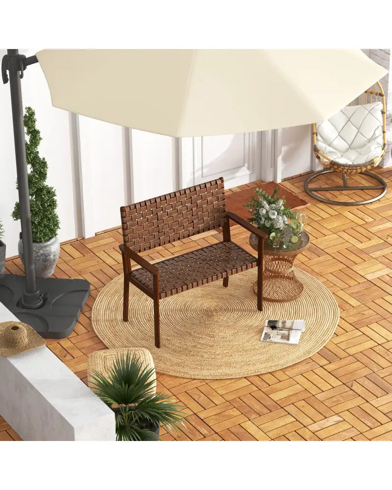 Outdoor All Weather Bench with Solid Rubber Wood Frame and Hand Woven PU Leather-Brown - Brown - Outdoor Benches