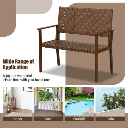 Outdoor All Weather Bench with Solid Rubber Wood Frame and Hand Woven PU Leather-Brown - Brown - Outdoor Benches