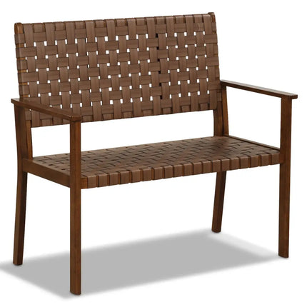 Outdoor All Weather Bench with Solid Rubber Wood Frame and Hand Woven PU Leather-Brown - Brown - Outdoor Benches