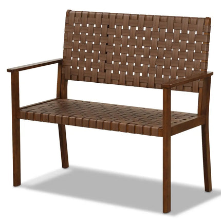 Outdoor All Weather Bench with Solid Rubber Wood Frame and Hand Woven PU Leather-Brown - Brown - Outdoor Benches