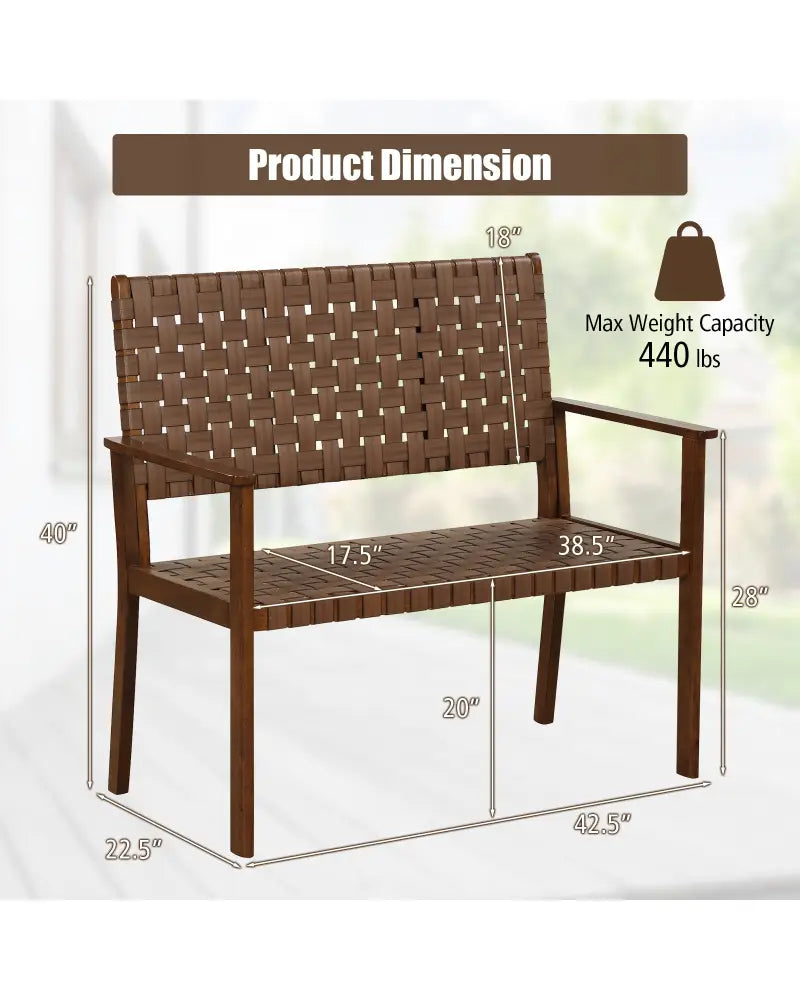 Outdoor All Weather Bench with Solid Rubber Wood Frame and Hand Woven PU Leather-Brown - Brown - Outdoor Benches