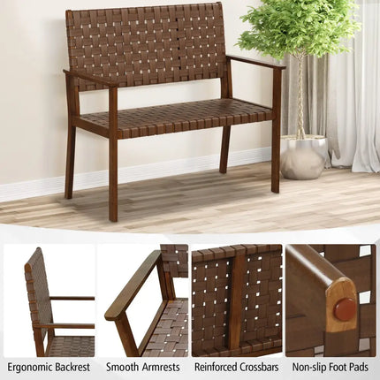 Outdoor All Weather Bench with Solid Rubber Wood Frame and Hand Woven PU Leather-Brown - Brown - Outdoor Benches