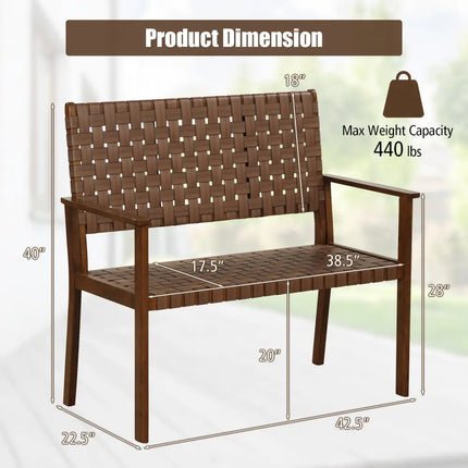 Outdoor All Weather Bench with Solid Rubber Wood Frame and Hand Woven PU Leather-Brown - Brown - Outdoor Benches