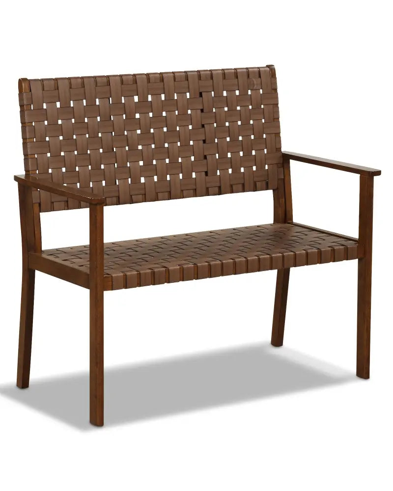 Outdoor All Weather Bench with Solid Rubber Wood Frame and Hand Woven PU Leather-Brown - Brown - Outdoor Benches