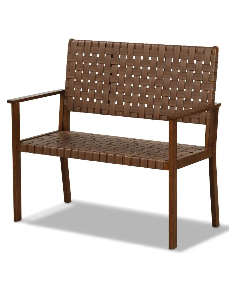Outdoor All Weather Bench with Solid Rubber Wood Frame and Hand Woven PU Leather-Brown - Brown - Outdoor Benches