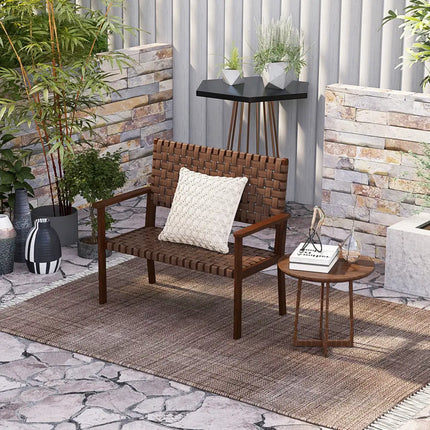 Outdoor All Weather Bench with Solid Rubber Wood Frame and Hand Woven PU Leather-Brown - Brown - Outdoor Benches