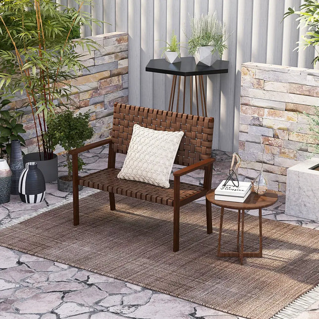Outdoor All Weather Bench with Solid Rubber Wood Frame and Hand Woven PU Leather-Brown - Brown - Outdoor Benches