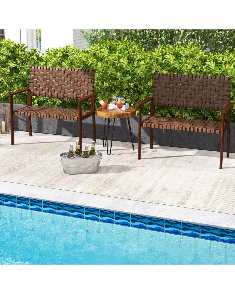 Outdoor All Weather Bench with Solid Rubber Wood Frame and Hand Woven PU Leather-Brown - Brown - Outdoor Benches