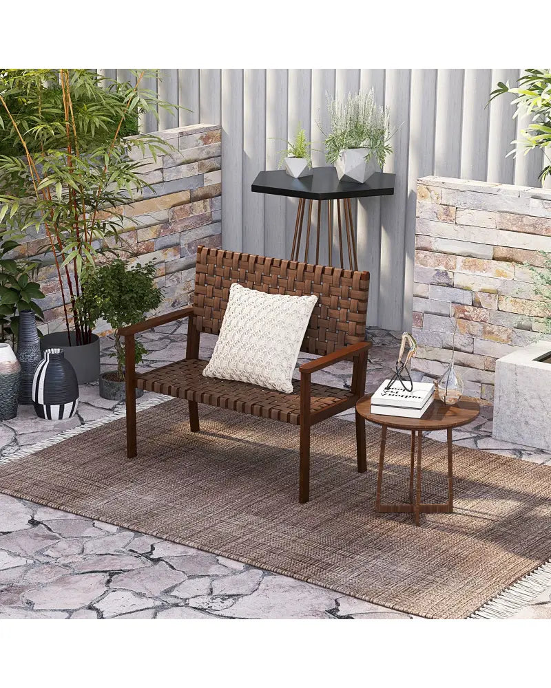 Outdoor All Weather Bench with Solid Rubber Wood Frame and Hand Woven PU Leather-Brown - Brown - Outdoor Benches