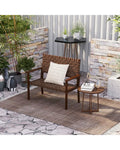 Outdoor All Weather Bench with Solid Rubber Wood Frame and Hand Woven PU Leather-Brown - Brown - Outdoor Benches