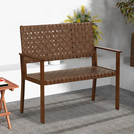 Outdoor All Weather Bench with Solid Rubber Wood Frame and Hand Woven PU Leather-Brown - Brown - Outdoor Benches
