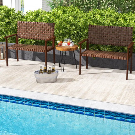 Outdoor All Weather Bench with Solid Rubber Wood Frame and Hand Woven PU Leather-Brown - Brown - Outdoor Benches