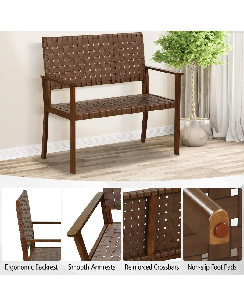 Outdoor All Weather Bench with Solid Rubber Wood Frame and Hand Woven PU Leather-Brown - Brown - Outdoor Benches