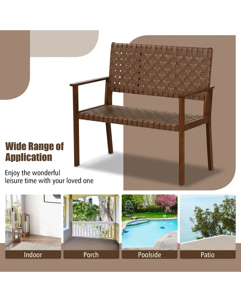 Outdoor All Weather Bench with Solid Rubber Wood Frame and Hand Woven PU Leather-Brown - Brown - Outdoor Benches