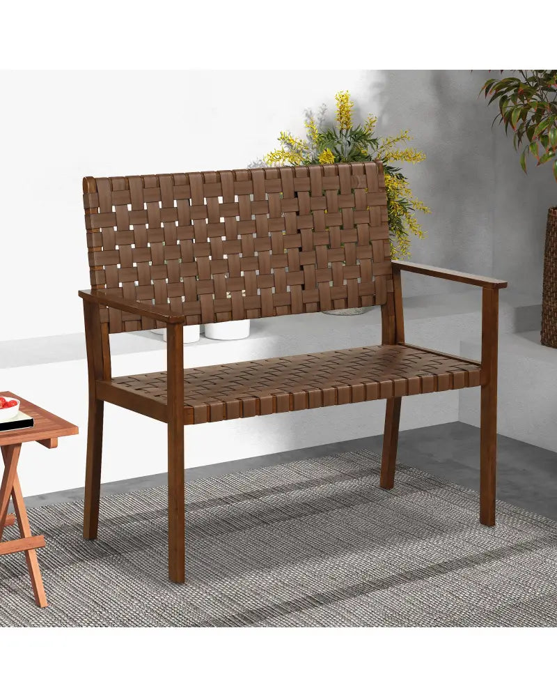 Outdoor All Weather Bench with Solid Rubber Wood Frame and Hand Woven PU Leather-Brown - Brown - Outdoor Benches