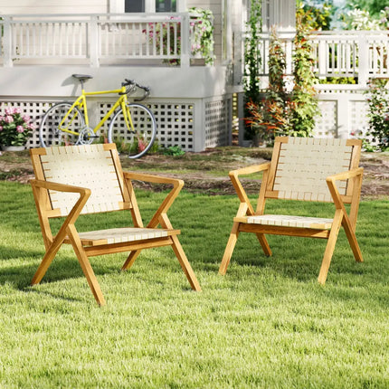 Outdoor and Indoor Teak Wood Patio Chair wuth Webbing Seat and Backrest-Natural - Natural - Patio Dining Chairs