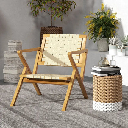 Outdoor and Indoor Teak Wood Patio Chair wuth Webbing Seat and Backrest-Natural - Natural - Patio Dining Chairs