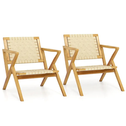 Outdoor and Indoor Teak Wood Patio Chair wuth Webbing Seat and Backrest-Natural - Natural - Patio Dining Chairs