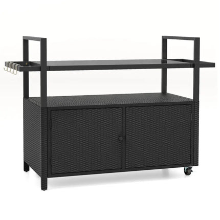 Outdoor Bar Cart Wicker Buffet Serving Cart with Cabinet and 8 Hooks-Black - Black - Camping Furniture