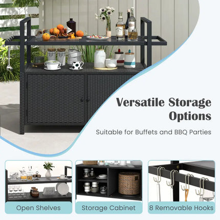 Outdoor Bar Cart Wicker Buffet Serving Cart with Cabinet and 8 Hooks-Black - Black - Camping Furniture