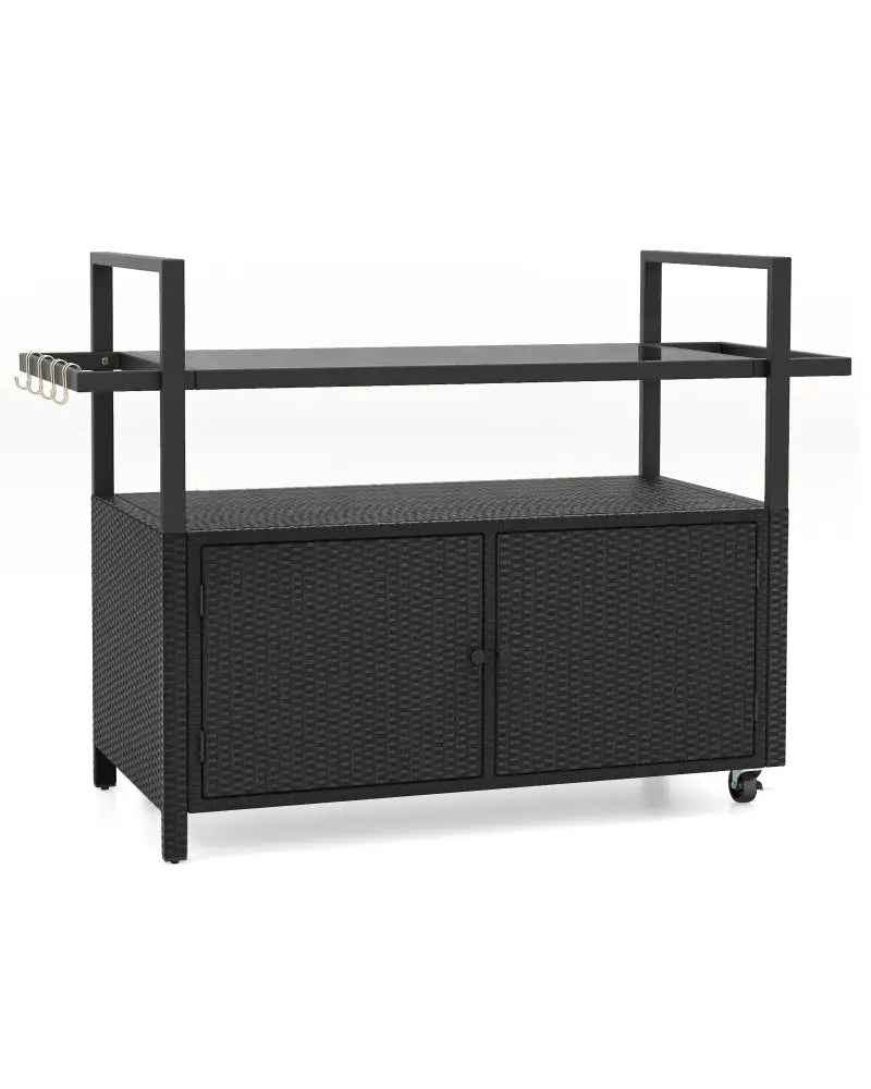 Outdoor Bar Cart Wicker Buffet Serving Cart with Cabinet and 8 Hooks-Black - Black - Camping Furniture