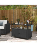 Outdoor Bar Cart Wicker Buffet Serving Cart with Cabinet and 8 Hooks-Black - Black - Camping Furniture