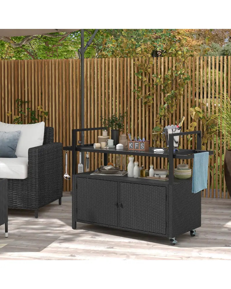 Outdoor Bar Cart Wicker Buffet Serving Cart with Cabinet and 8 Hooks-Black - Black - Camping Furniture