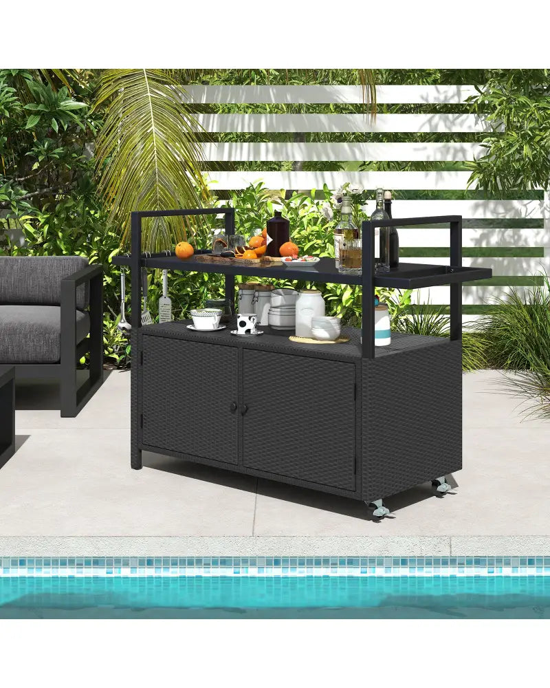 Outdoor Bar Cart Wicker Buffet Serving Cart with Cabinet and 8 Hooks-Black - Black - Camping Furniture