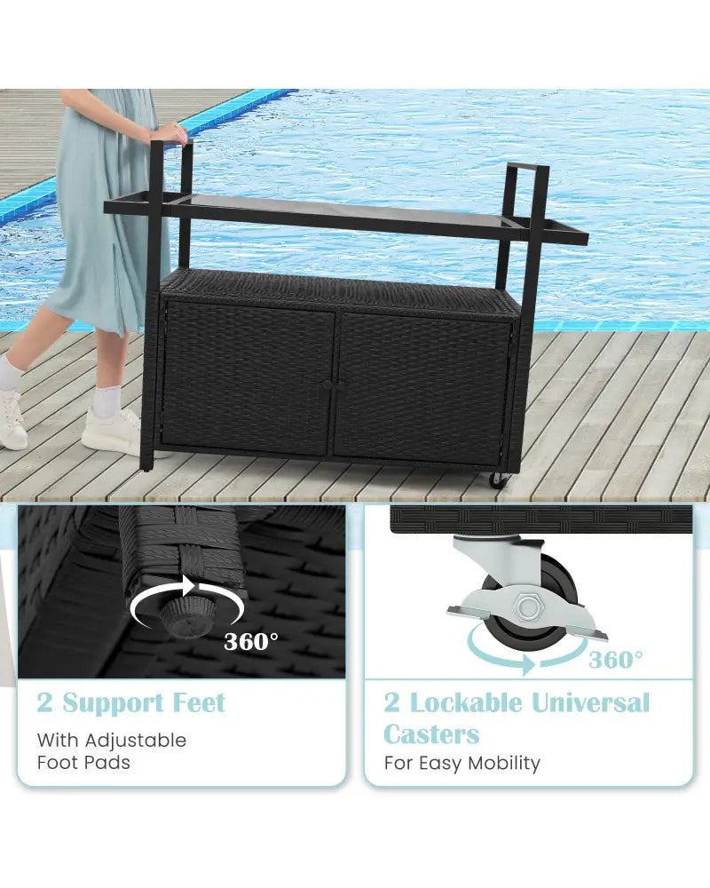 Outdoor Bar Cart Wicker Buffet Serving Cart with Cabinet and 8 Hooks-Black - Black - Camping Furniture