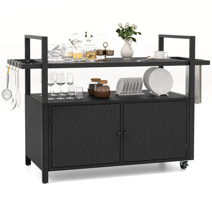 Outdoor Bar Cart Wicker Buffet Serving Cart with Cabinet and 8 Hooks-Black - Black - Camping Furniture