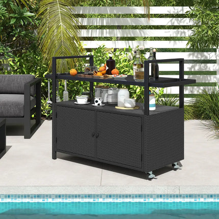 Outdoor Bar Cart Wicker Buffet Serving Cart with Cabinet and 8 Hooks-Black - Black - Camping Furniture