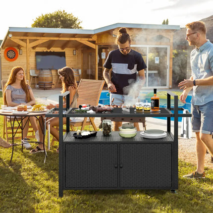Outdoor Bar Cart Wicker Buffet Serving Cart with Cabinet and 8 Hooks-Black - Black - Camping Furniture