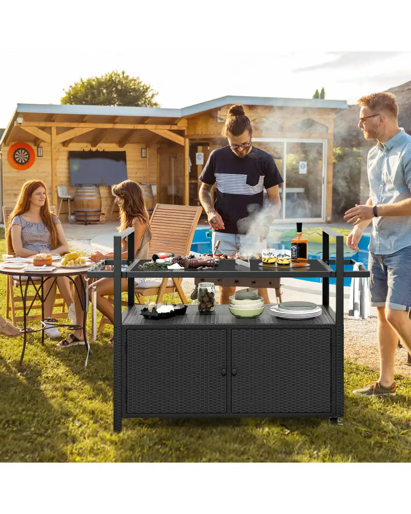 Outdoor Bar Cart Wicker Buffet Serving Cart with Cabinet and 8 Hooks-Black - Black - Camping Furniture