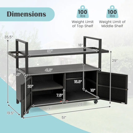 Outdoor Bar Cart Wicker Buffet Serving Cart with Cabinet and 8 Hooks-Black - Black - Camping Furniture