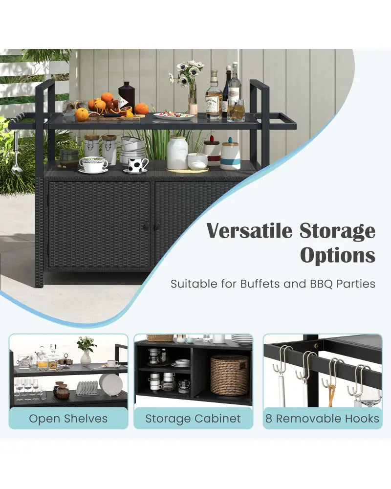 Outdoor Bar Cart Wicker Buffet Serving Cart with Cabinet and 8 Hooks-Black - Black - Camping Furniture