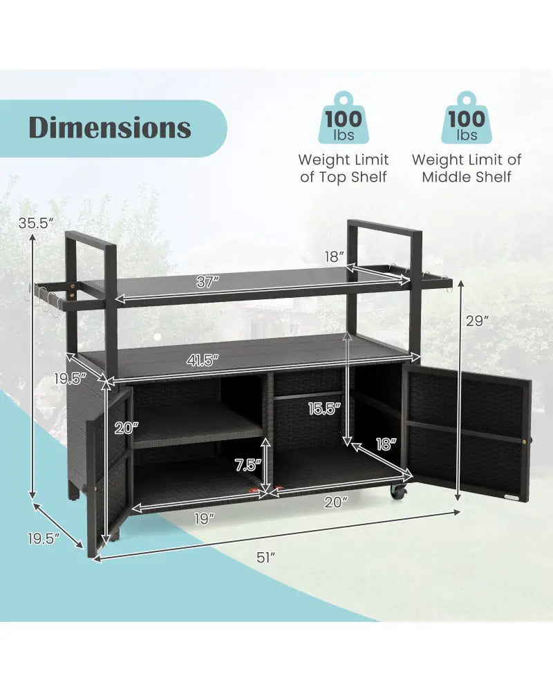 Outdoor Bar Cart Wicker Buffet Serving Cart with Cabinet and 8 Hooks-Black - Black - Camping Furniture