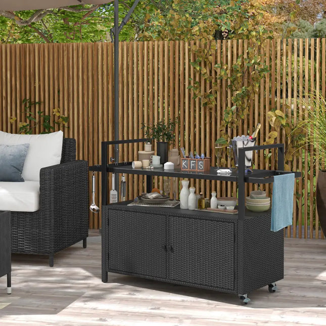 Outdoor Bar Cart Wicker Buffet Serving Cart with Cabinet and 8 Hooks-Black - Black - Camping Furniture