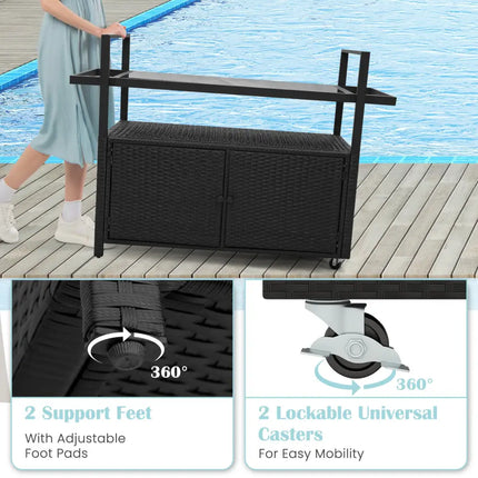 Outdoor Bar Cart Wicker Buffet Serving Cart with Cabinet and 8 Hooks-Black - Black - Camping Furniture