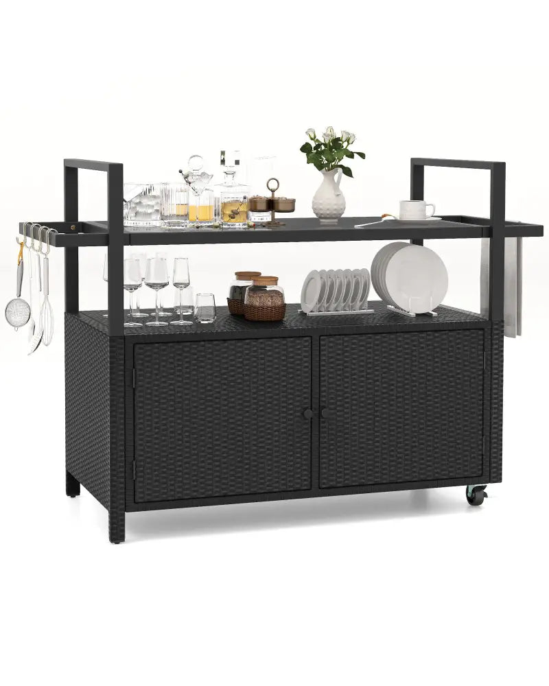 Outdoor Bar Cart Wicker Buffet Serving Cart with Cabinet and 8 Hooks-Black - Black - Camping Furniture