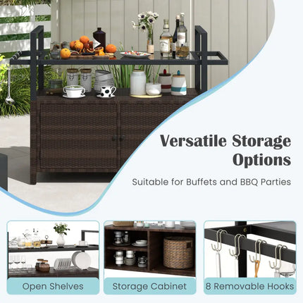 Outdoor Bar Cart Wicker Buffet Serving Cart with Cabinet and 8 Hooks-Brown - Brown - Camping Furniture
