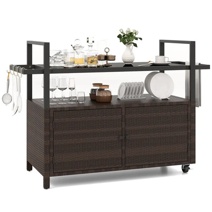 Outdoor Bar Cart Wicker Buffet Serving Cart with Cabinet and 8 Hooks-Brown - Brown - Camping Furniture