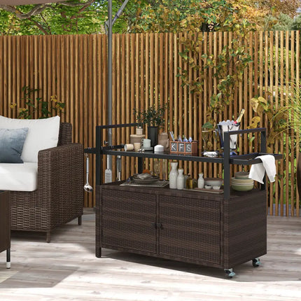Outdoor Bar Cart Wicker Buffet Serving Cart with Cabinet and 8 Hooks-Brown - Brown - Camping Furniture