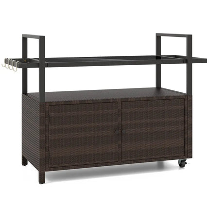 Outdoor Bar Cart Wicker Buffet Serving Cart with Cabinet and 8 Hooks-Brown - Brown - Camping Furniture