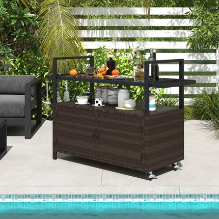 Outdoor Bar Cart Wicker Buffet Serving Cart with Cabinet and 8 Hooks-Brown - Brown - Camping Furniture
