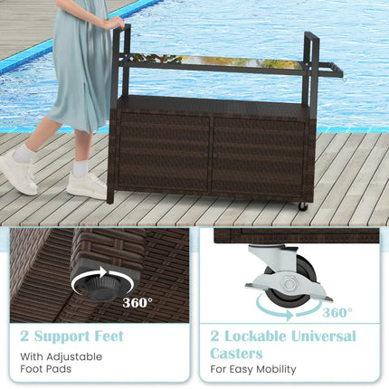Outdoor Bar Cart Wicker Buffet Serving Cart with Cabinet and 8 Hooks-Brown - Brown - Camping Furniture